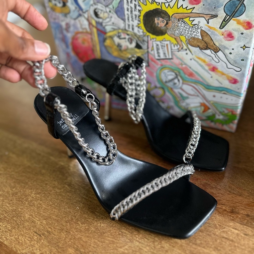 Jeffrey Campbell Elegant Black and Silver Chain Strap Heels